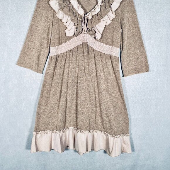 Forla Paris Midi Dress M Beige Cotton Blend Crinkle Pleat Fairycore - Picture 2 of 13